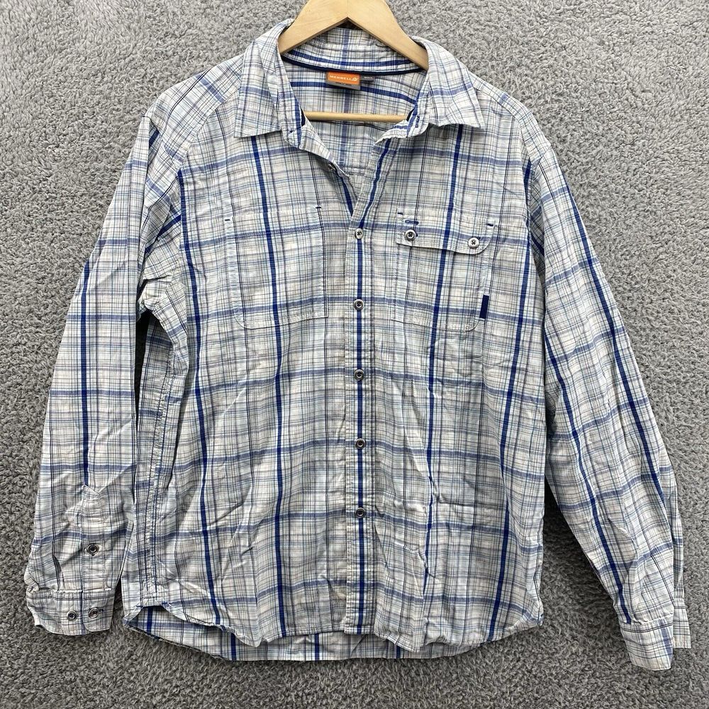 Merrell Mens Large Blue Button Up Plaid Multicolor Flannel Long Sleeve‎ Shirt
